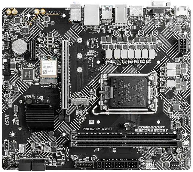 Материнская плата MSI PRO H610M-G WIFI, LGA 1700, Intel H610, 2xDDR4 (до 64 ГБ), 4xSATA, 1xM.2 (PCIe 3.0 x4), 1xPCIe 4.0 x16, 2xPCIe x1, 1xVGA, 1xHDMI, 1xDP, 1x1Gb LAN, Wi-Fi 5, Bluetooth 4.2, 4xUSB-A 5Gbps, 2xUSB-A 2.0, 1xPS/2, 3x3.5 мм, 7.1, чёрный, mATX
