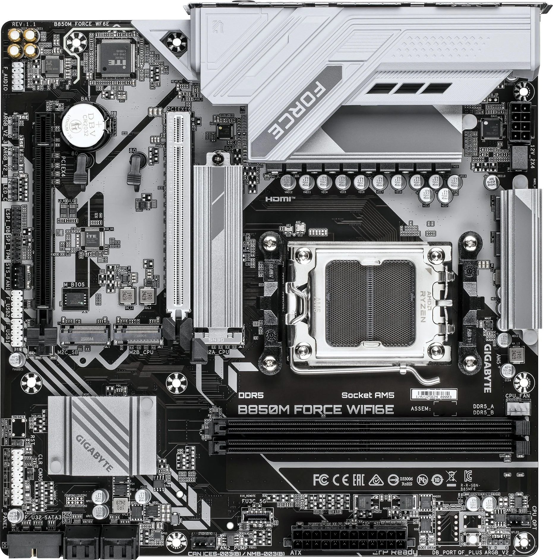 Материнская плата GIGABYTE B850M FORCE WF6E , AM5, B850, 2*DDR5, 4*SATA, 3*M.2, 3*USB 3.2, 2*USB 2.0, Type-C, 2*PCIx16, 1*PCIx1, DP+HDMI, mATX