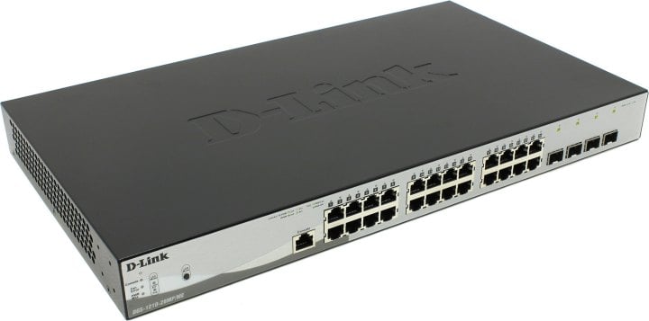Коммутатор D-Link DGS-1210-28MP/ME/B1A Управляемый коммутатор 2 уровня с 24 портами 10/100/1000Base-T и 4 портами 1000Base-X SFP (24 порта с поддержкой PoE 802.3af/802.3at (30 Вт), PoE-бюджет 370 Вт)