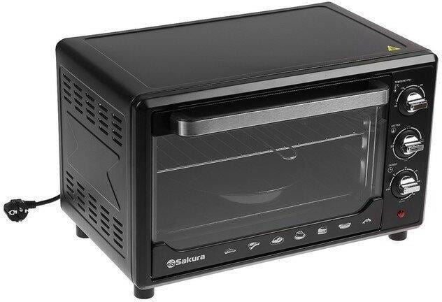 Мини-печь Sakura SA-7001BP 35л, духовка 1600 Вт,, механ.управление, 3 режима работы духовки (верх, низ, верх+низ), таймер на 60 минут, регулировка температуры духовки, комплектация - металлическая решетка, противень, круглая форма для выпечки (230х50 мм), ухват. : черный.