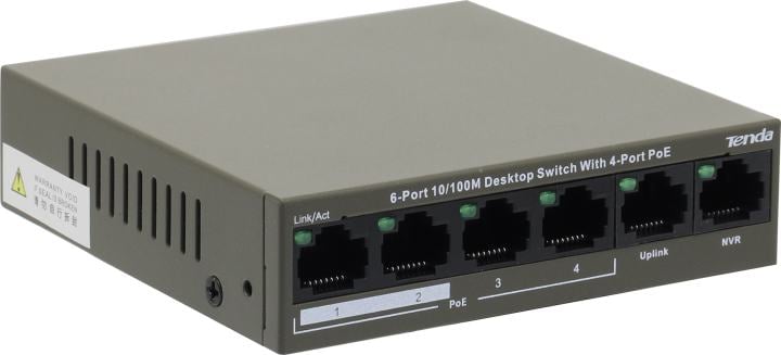 Коммутатор Tenda TEF1106P-4-63W Коммутатор неуправляемый PoE, 6 портов 6x100 Мбит/с, PoE 4х30 Вт, настольный