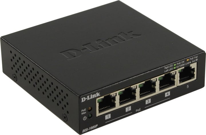 Коммутатор D-Link DES-1005P/B1A Неуправляемый коммутатор с 5 портами 10/100Base-TX, функцией энергосбережения и поддержкой QoS (4 порта с поддержкой PoE 802.3af/802.3at (30 Вт), PoE-бюджет 60 Вт) {10} (439827)