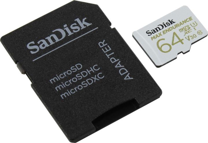 Карта памяти SanDisk MAX ENDURANCE microSDXC 64GB + SD Adapter - for home security cameras & dashcams  up to 30,000 Hours, Full HD / 4K videos, Extreme endurance, up to 100/40 MB/s Read/Write speeds, C10, U3, V30