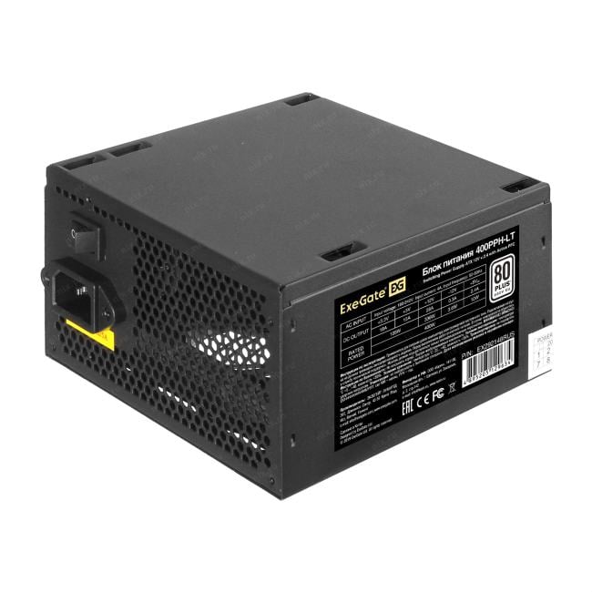 Exegate EX292148RUS-OEM-S Блок питания 400W ExeGate 80 PLUS® 400PPH-LT-OEM (ATX, APFC, КПД 82% (80 PLUS), 12cm fan, 24pin, (4+4)pin, PCIe, 5xSATA, 3xIDE, black, кабель 220V с защитой от выдергивания)
