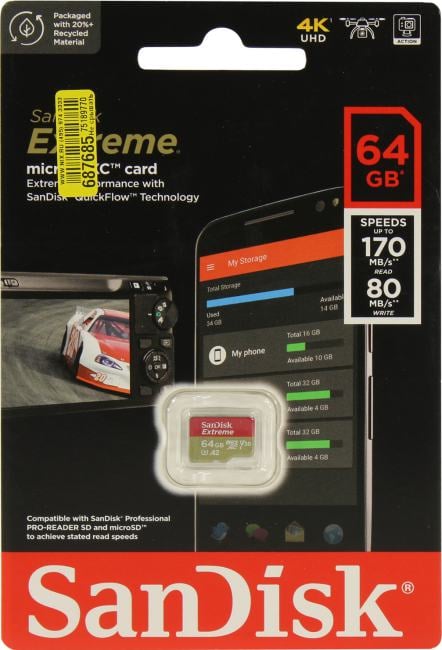Флеш карта microSD 64Gb SanDisk microSDXC Class 10 UHS-I A1 C10 V30 U3 Extreme 170Mb/s