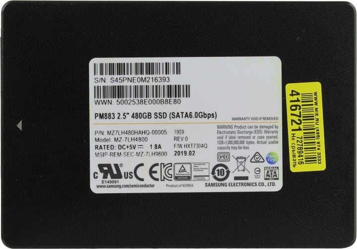 SSD 480 Gb SATA 6Gb/s Samsung PM883  <MZ7LH480HAHQ> 2.5" (OEM)