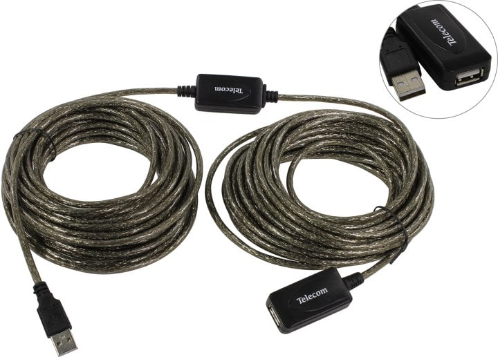 Telecom <TUS7049-15м> Кабель удлинительный активный USB 2.0-repeater  A-->A  15м