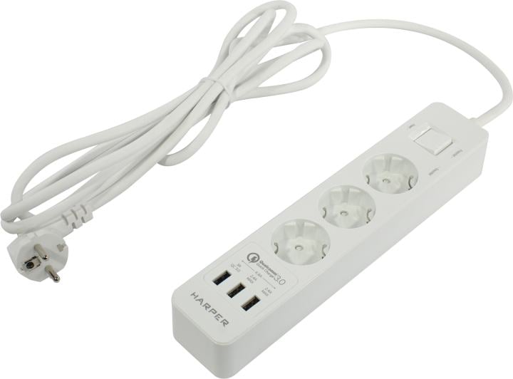 Удлинитель HARPER <UCH-410 White>  <3м> (3 розетки +  3 USB, 3A)