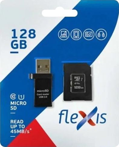 Flexis FX128GMSDXCU1 Карта памяти microSDXC 128GB Cl10 U1, c адаптером и USB картридером, Flexis