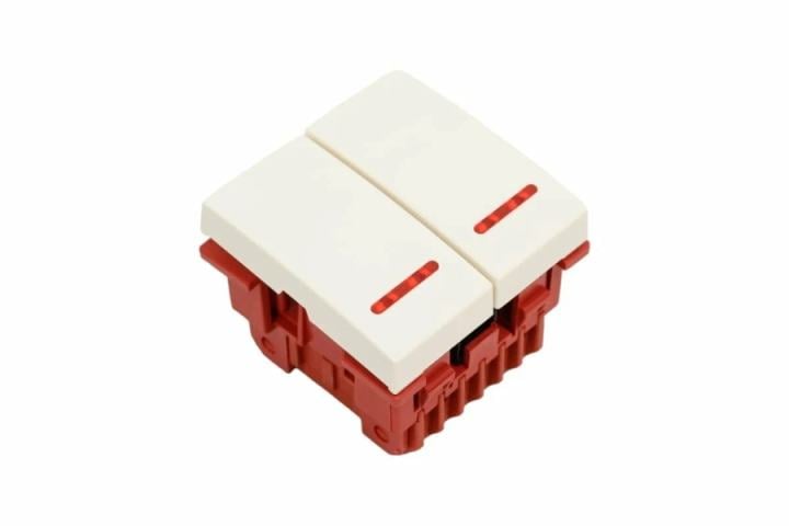 Выключатель Lanmaster LAN-EC45x45-SL22-WH 2-контактный, двухклавишный 45х45,  с подсветкой, белый