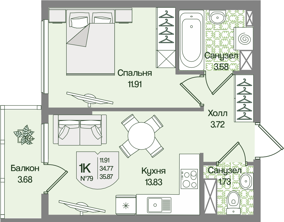 Планировка 1-комн. 35.87 м²