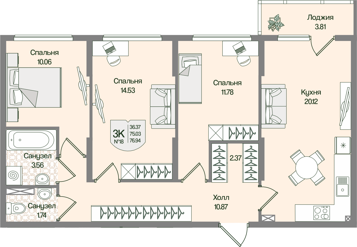 Планировка 3-комн. 76.93 м²