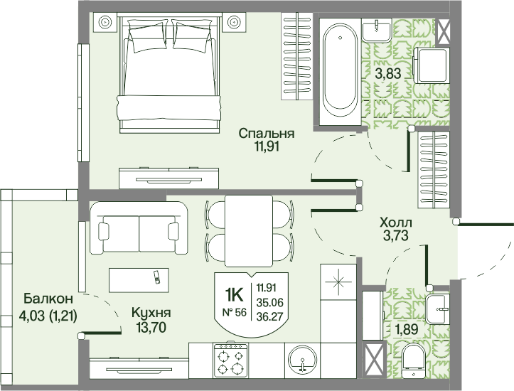Планировка 1-комн. 35.06 м²