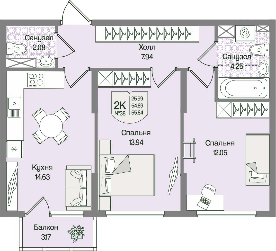Планировка 2-комн. 55.84 м²