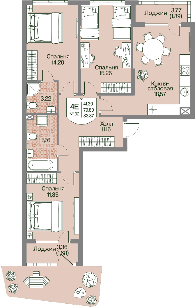 Планировка 3-комн. 83.37 м²
