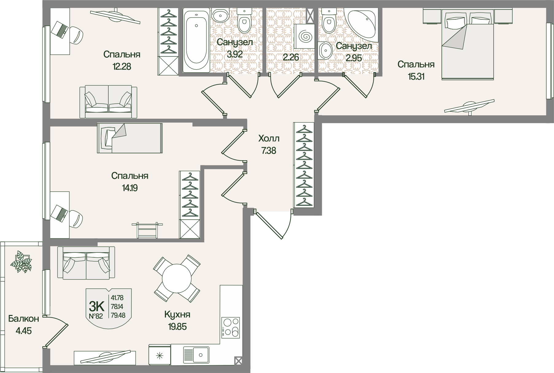 Планировка 3-комн. 79.47 м²