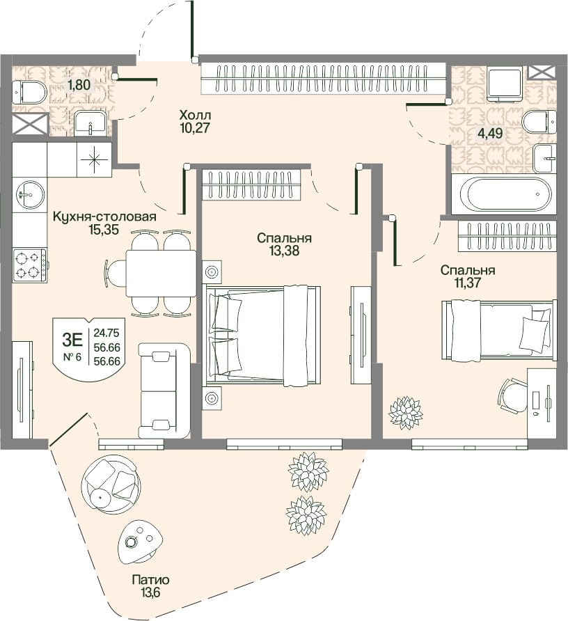 Планировка 2-комн. 56.66 м²