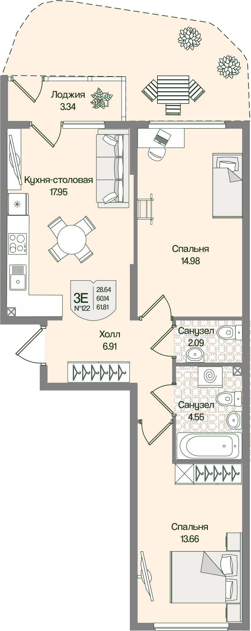 Планировка 2-комн. 61.81 м²