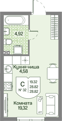 Планировка Студия 28.82 м²