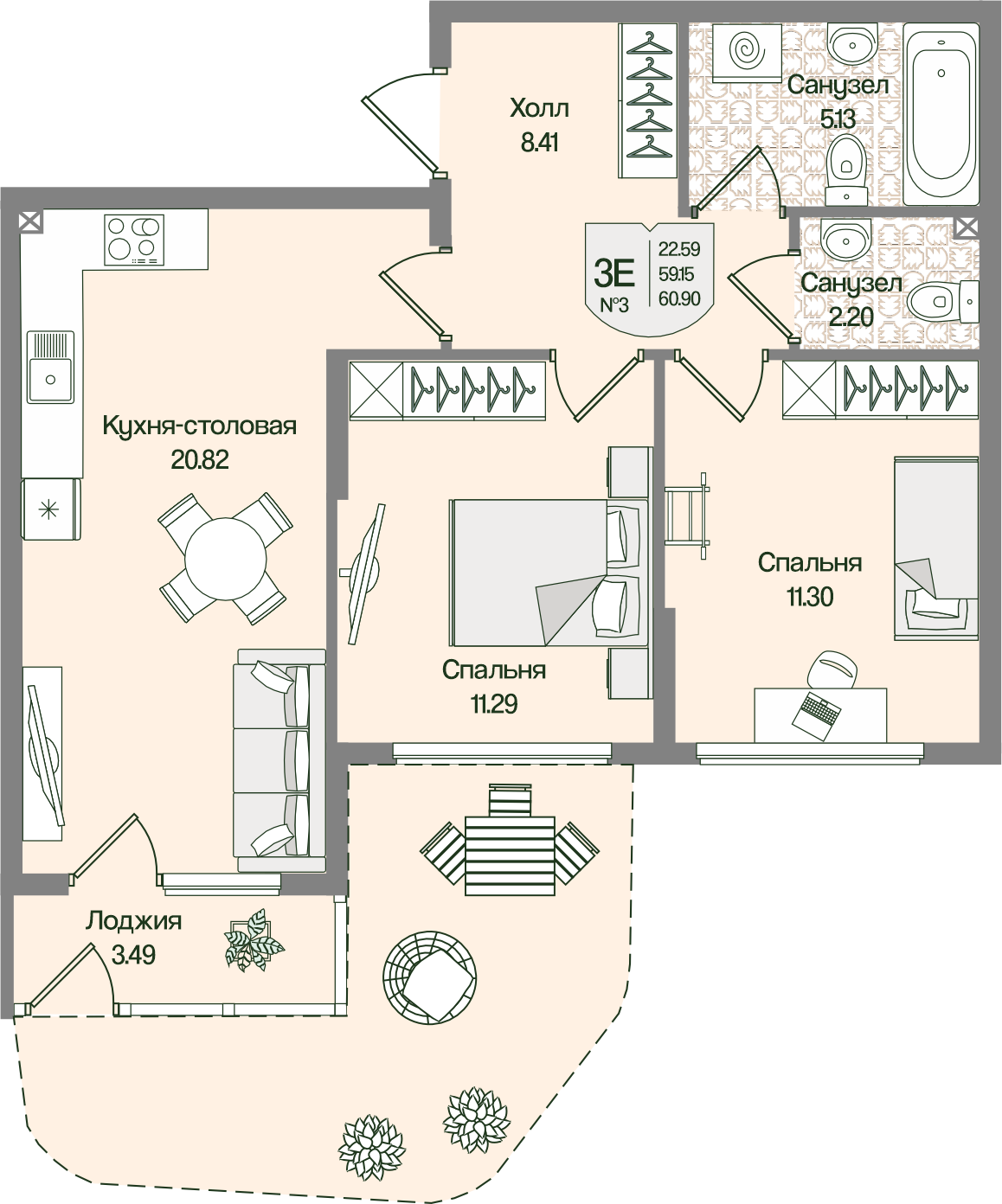 Планировка 2-комн. 60.89 м²