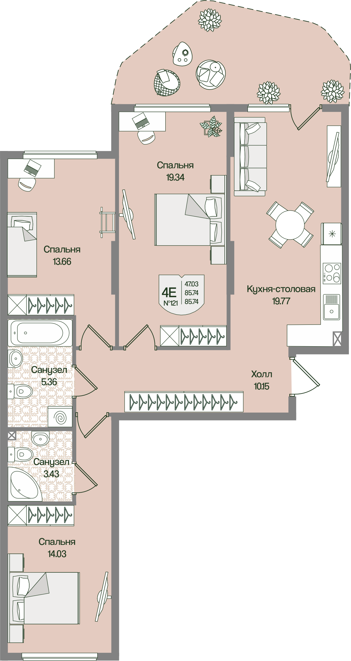 Планировка 3-комн. 85.74 м²