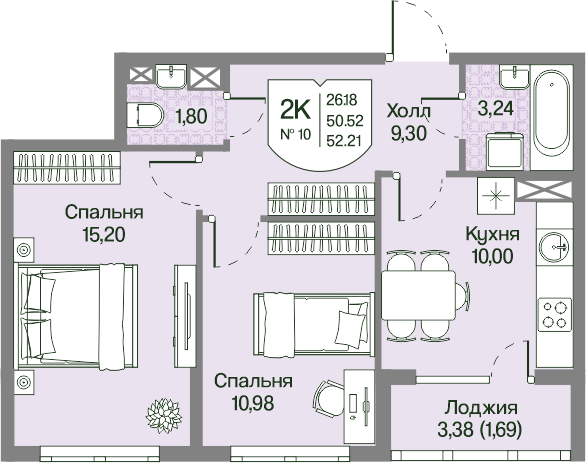 Планировка 2-комн. 52.21 м²