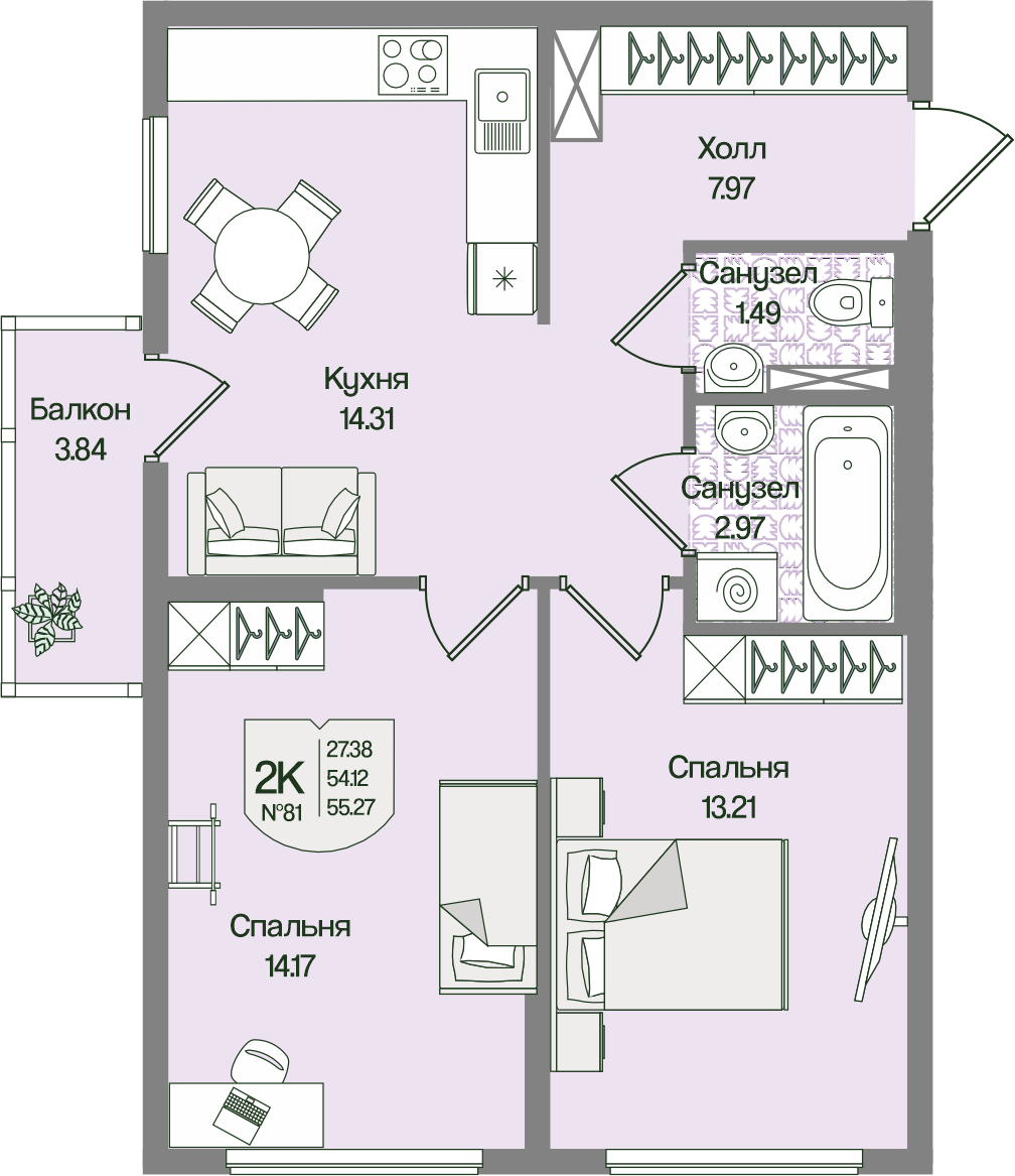 Планировка 2-комн. 55.27 м²