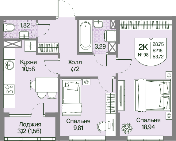 Планировка 2-комн. 53.72 м²