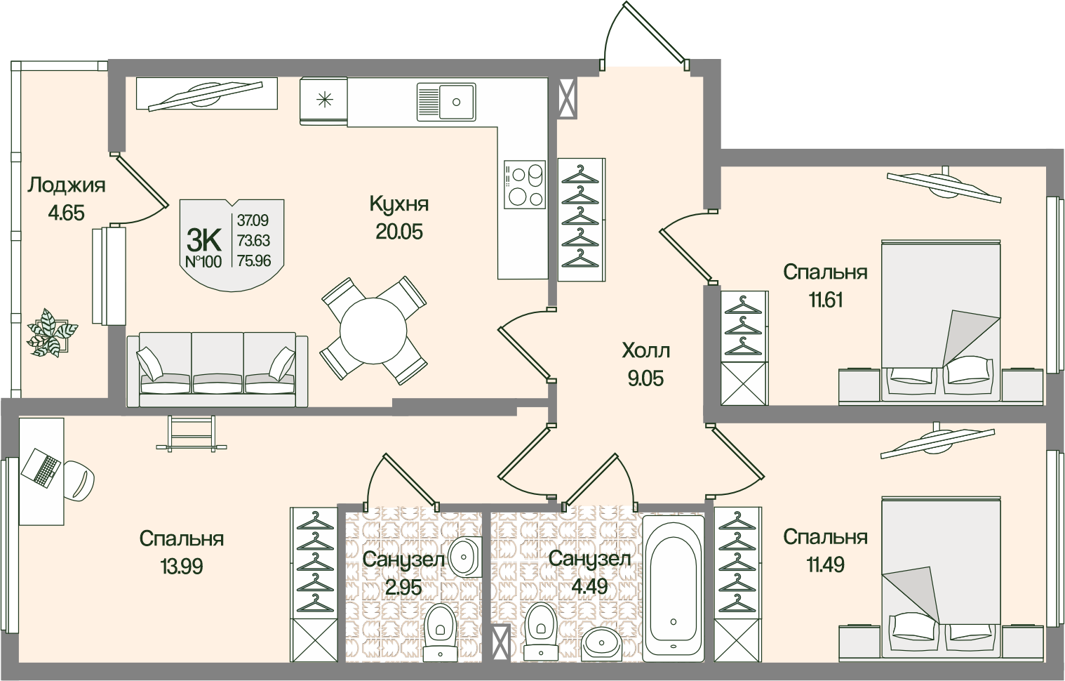 Планировка 3-комн. 75.95 м²
