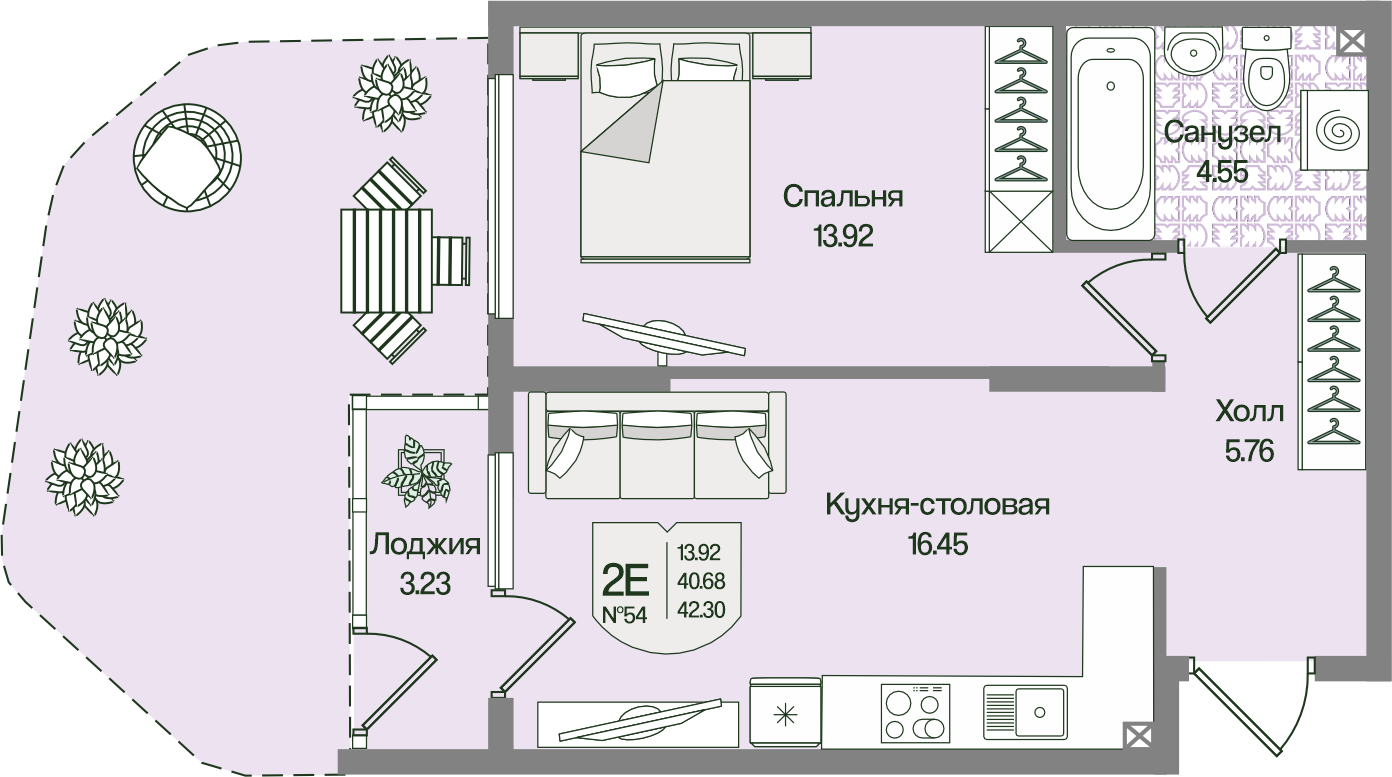 Планировка 1-комн. 42.29 м²