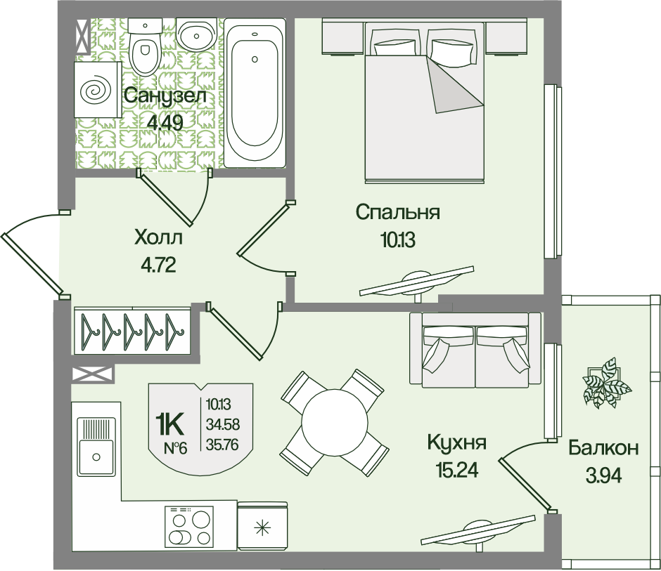 Планировка 1-комн. 35.76 м²