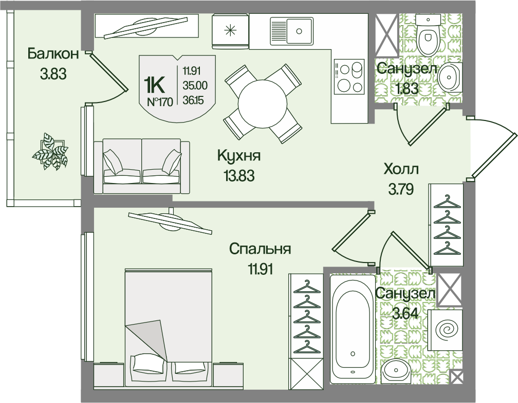 Планировка 1-комн. 36.14 м²