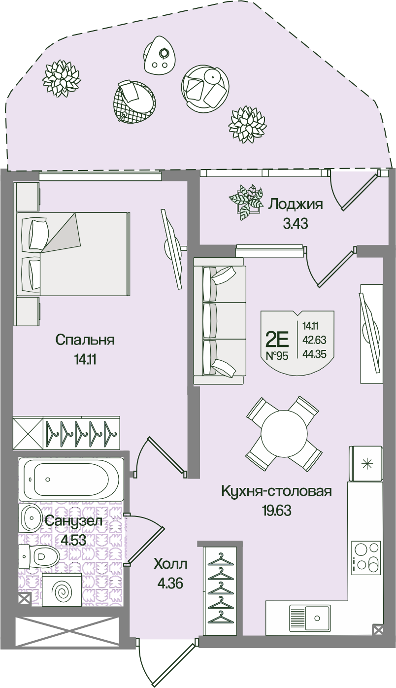 Планировка 1-комн. 44.34 м²