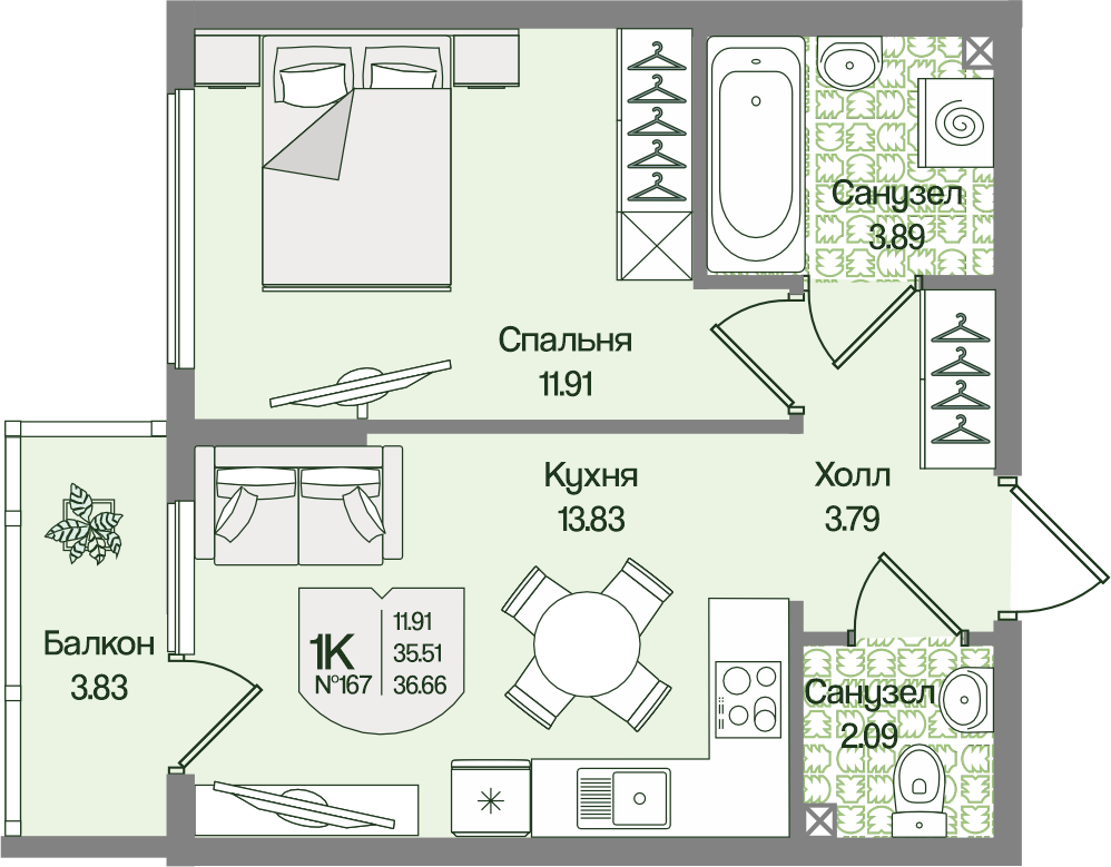Планировка 1-комн. 36.65 м²