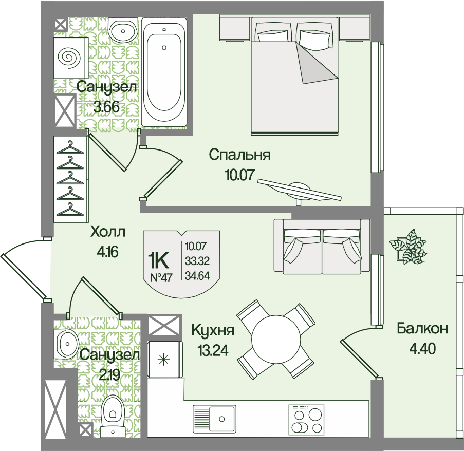 Планировка 1-комн. 34.64 м²