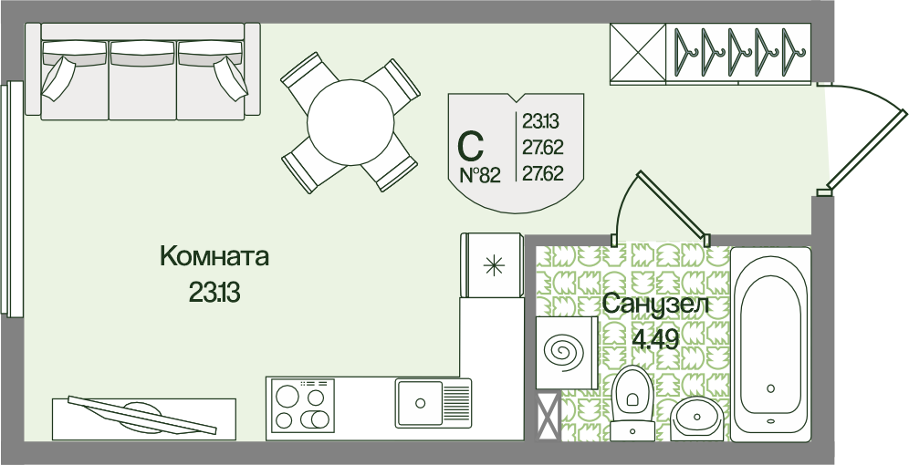 Планировка Студия 27.62 м²