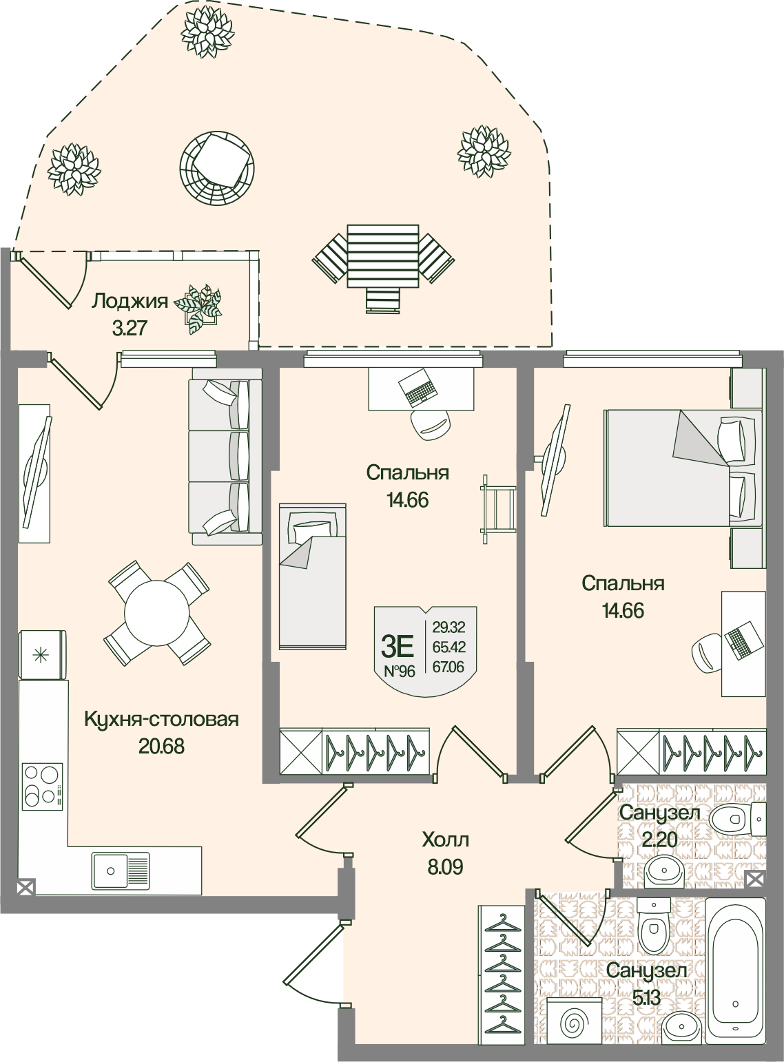 Планировка 2-комн. 67.05 м²