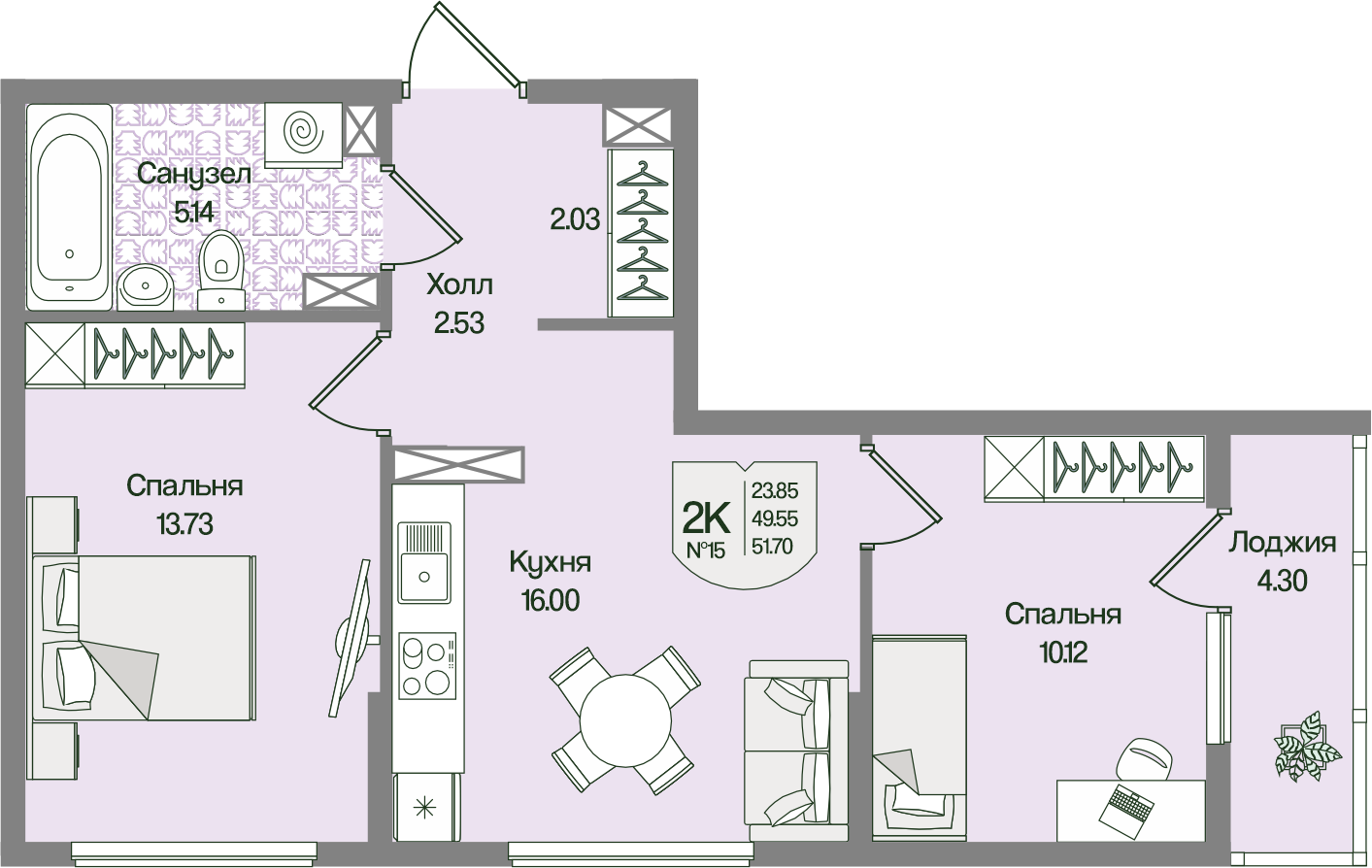 Планировка 2-комн. 51.7 м²