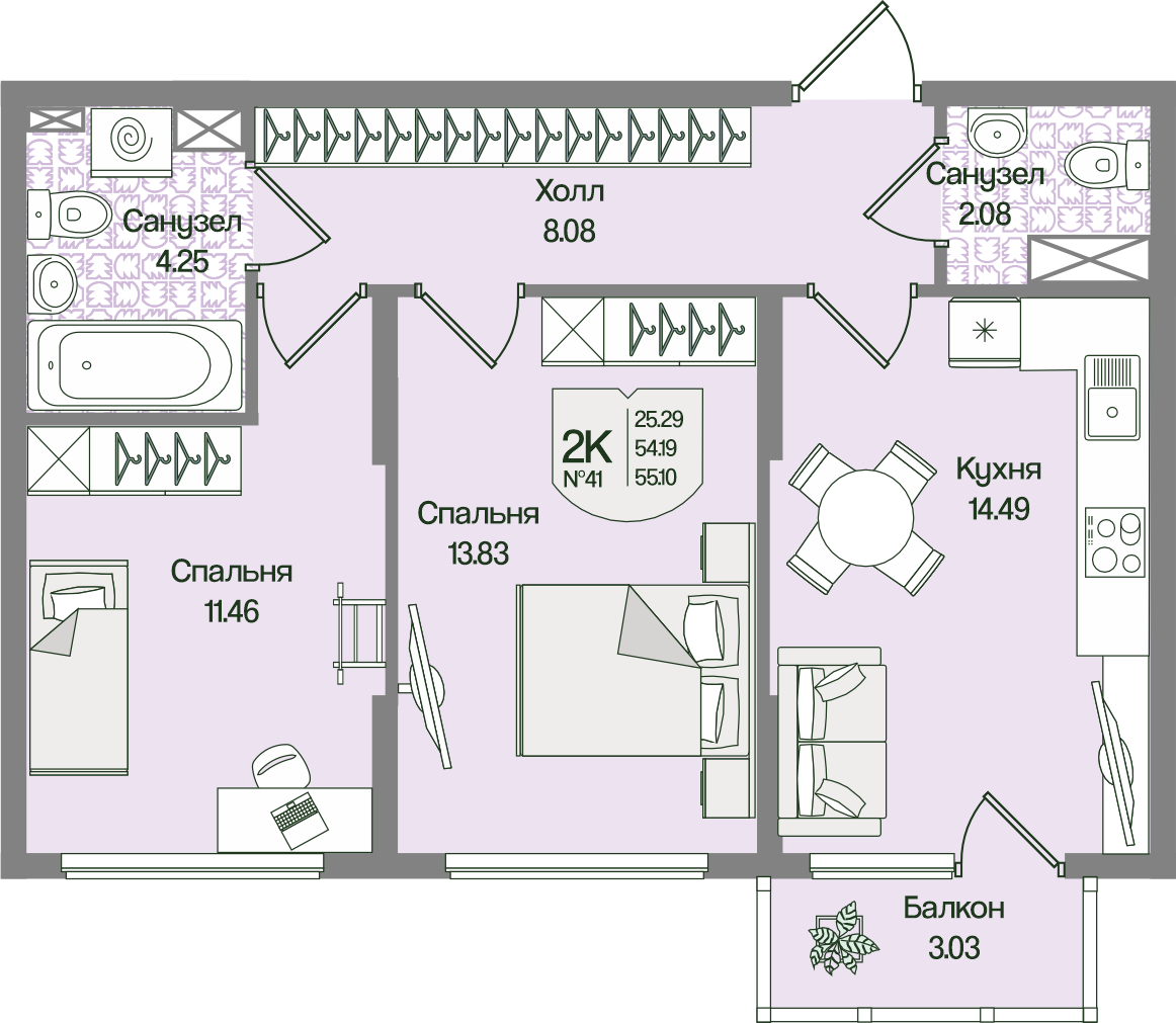 Планировка 2-комн. 55.1 м²