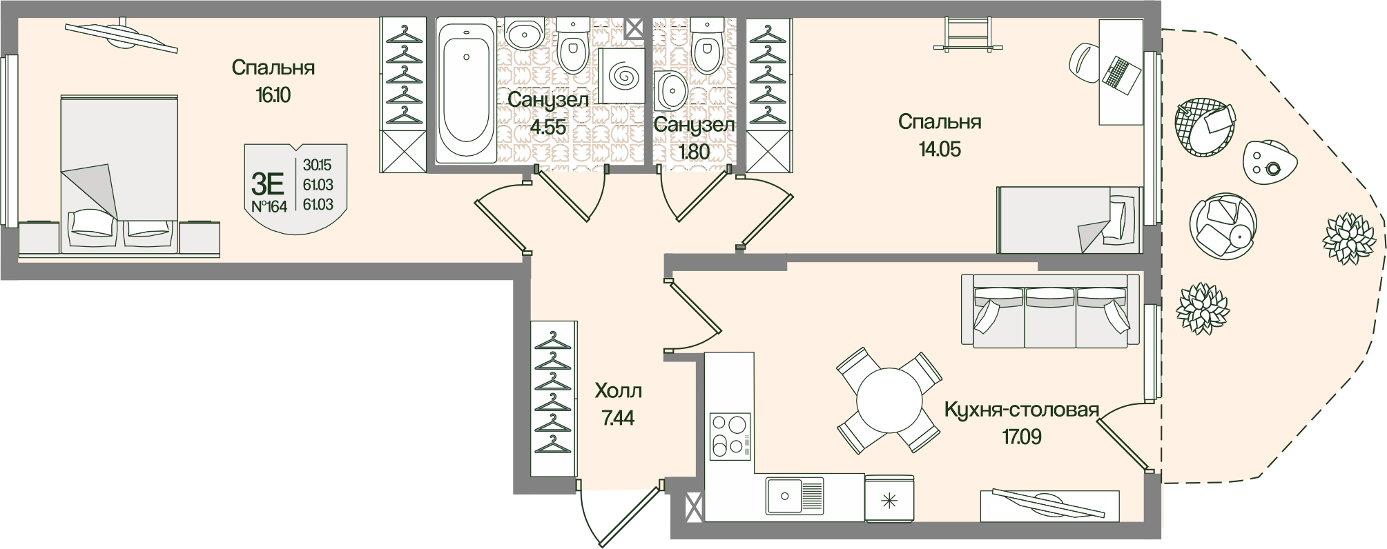 Планировка 2-комн. 61.03 м²