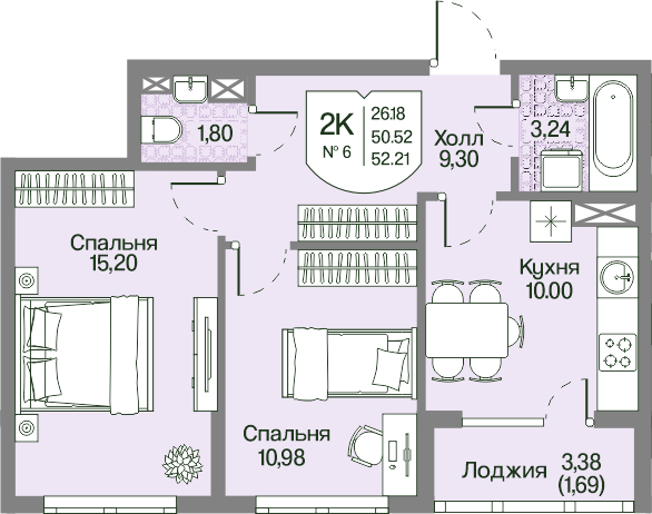 Планировка 2-комн. 52.21 м²