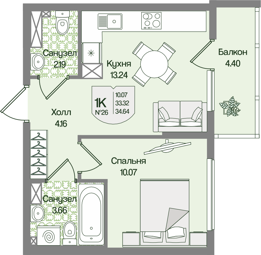 Планировка 1-комн. 34.64 м²