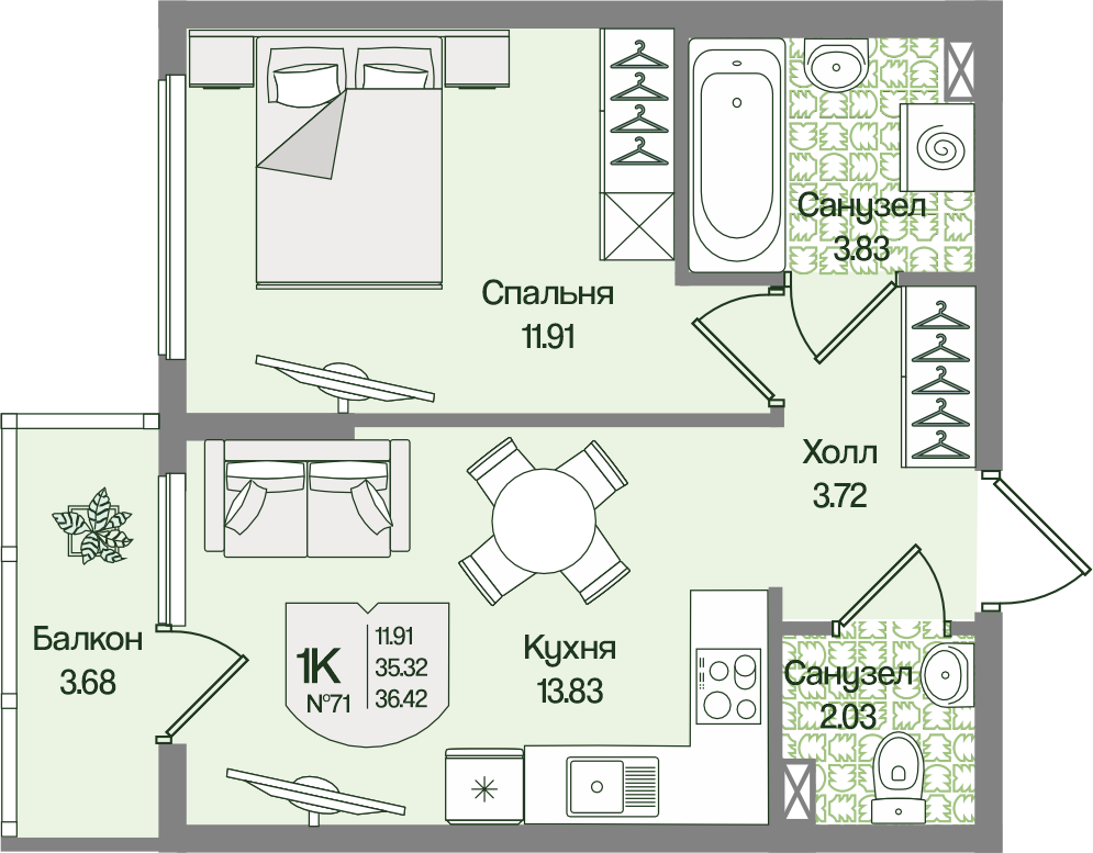 Планировка 1-комн. 36.42 м²