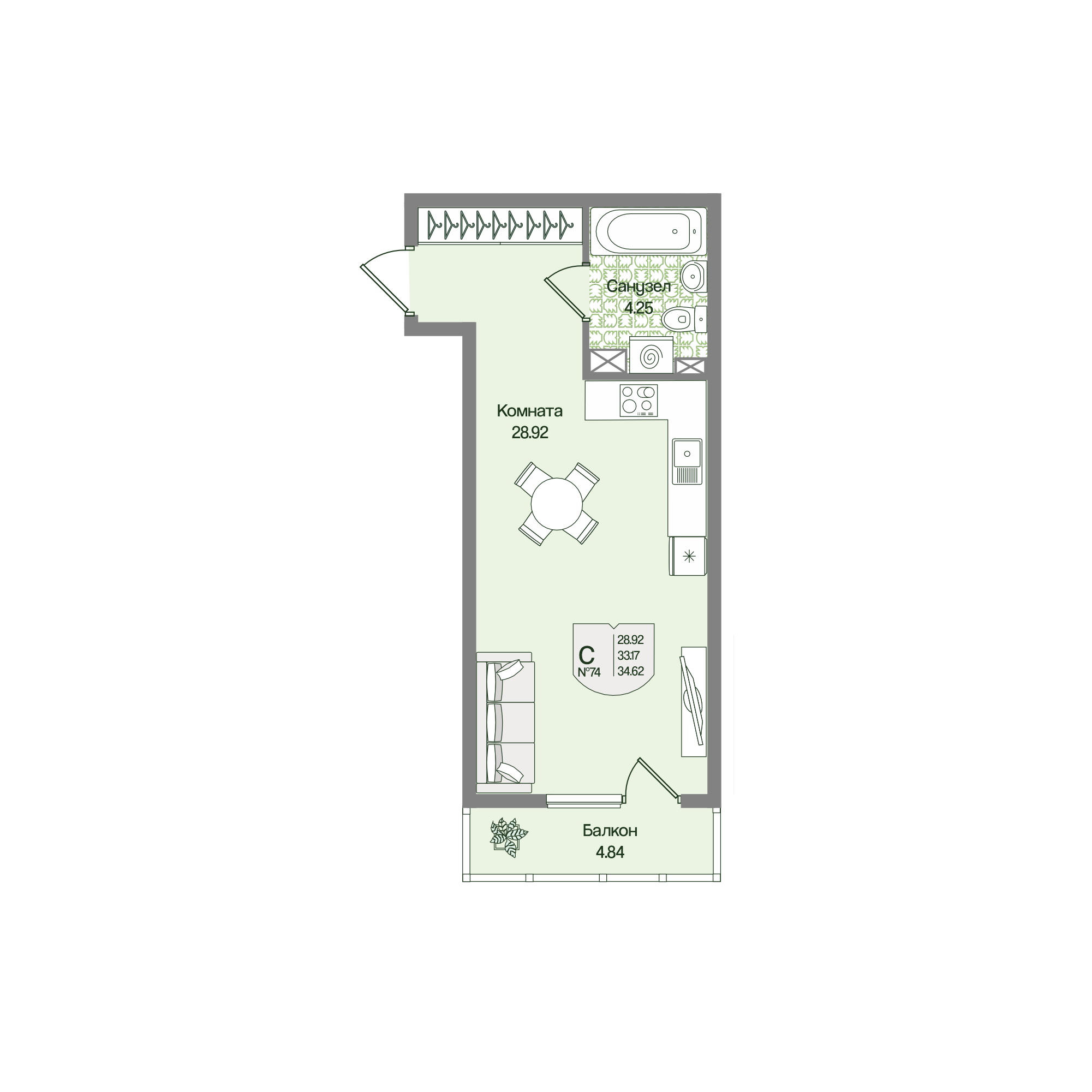Планировка Студия 34.62 м²