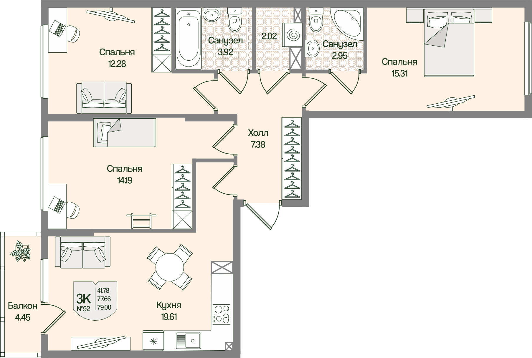 Планировка 3-комн. 78.99 м²