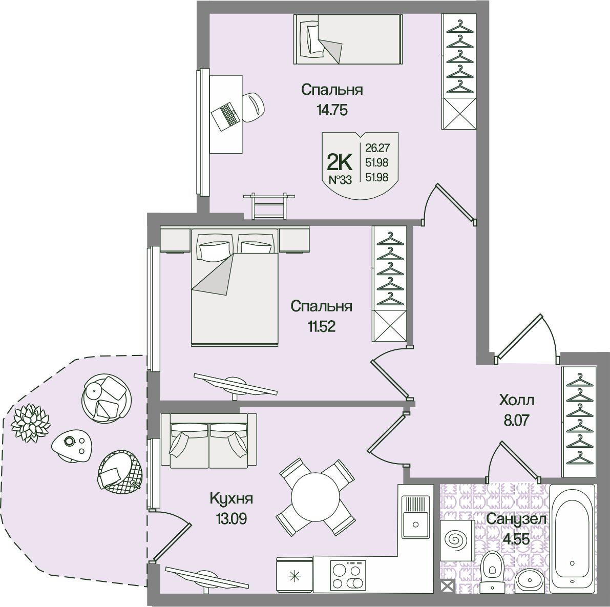 Планировка 2-комн. 51.98 м²