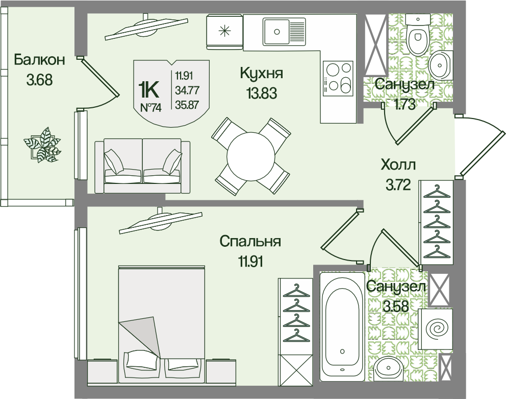 Планировка 1-комн. 35.87 м²