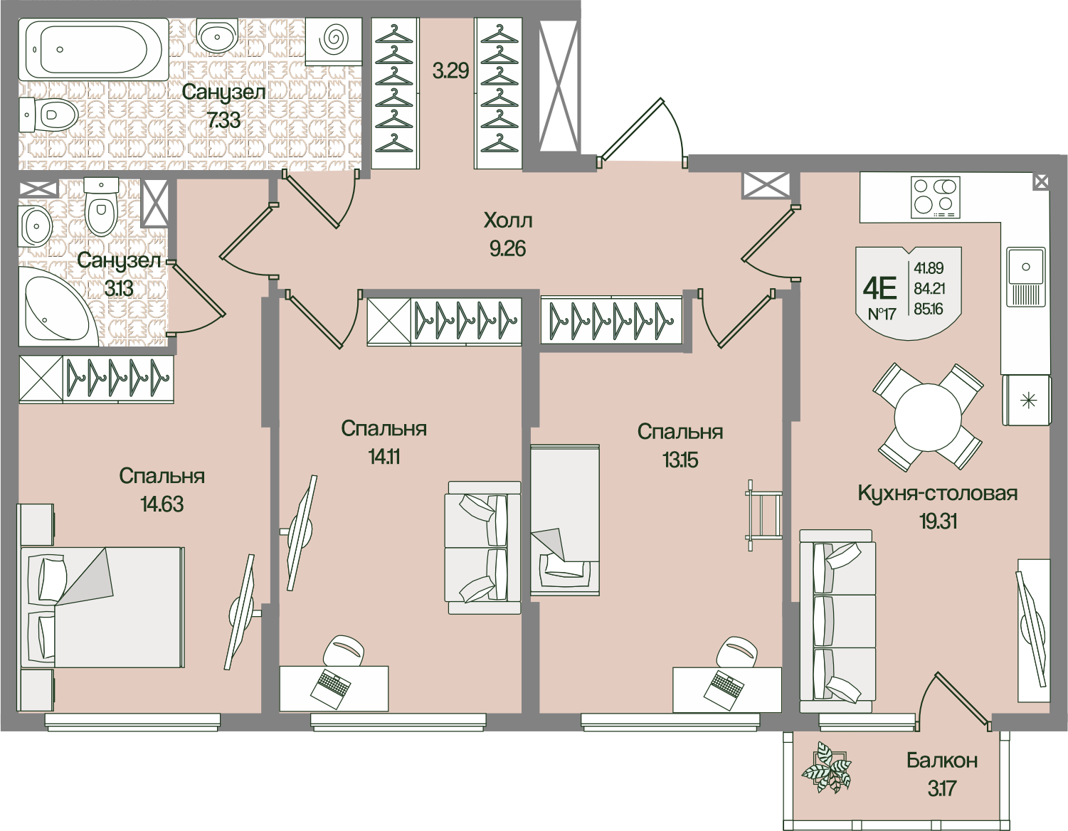 Планировка 3-комн. 85.16 м²
