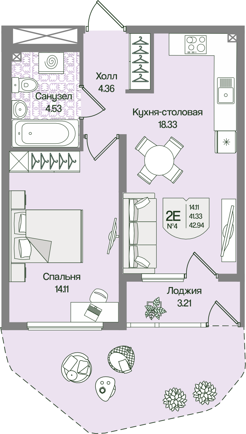 Планировка 1-комн. 42.93 м²