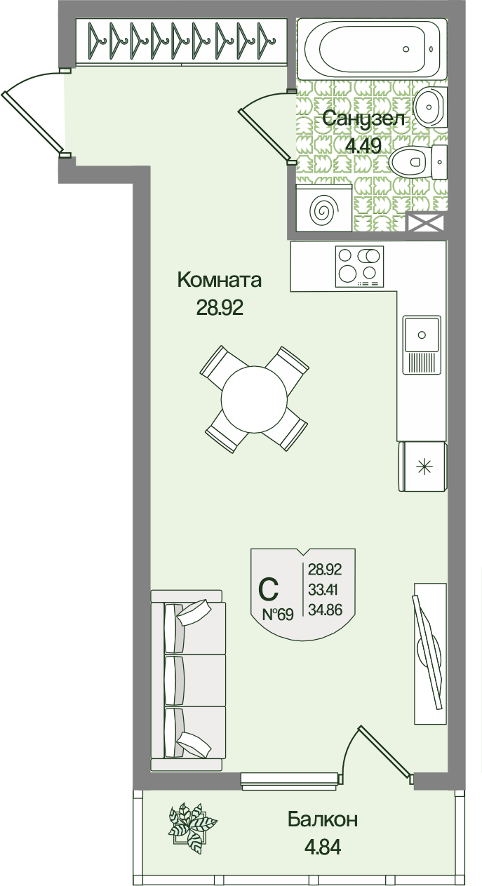 Планировка Студия 34.86 м²